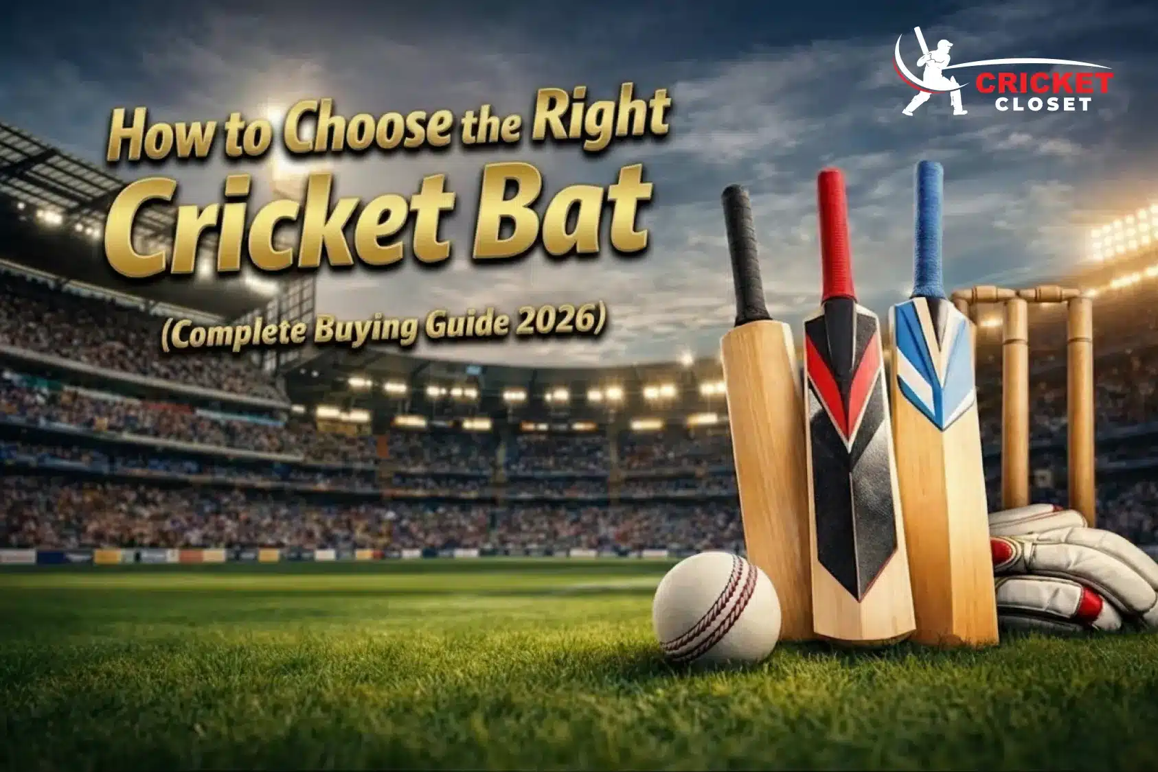 Cricket bat buying guide 2026 with top bats, ball, and stadium backdrop