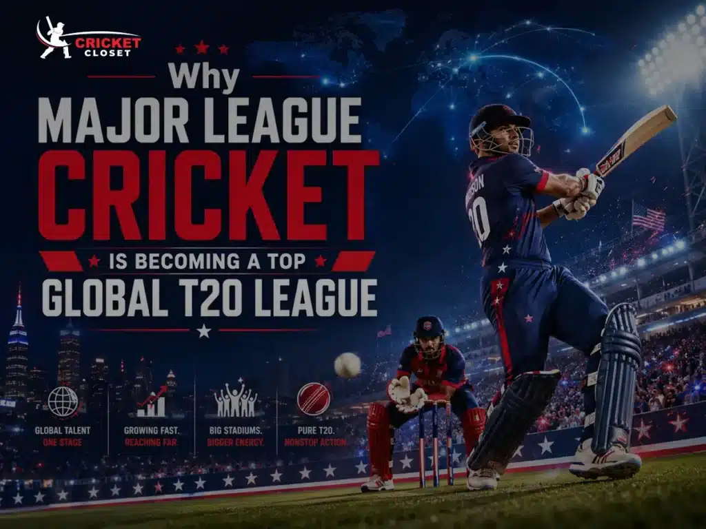 Major League Cricket global T20 league graphic with USA cricketers, stadium lights, and Cricket Closet branding.