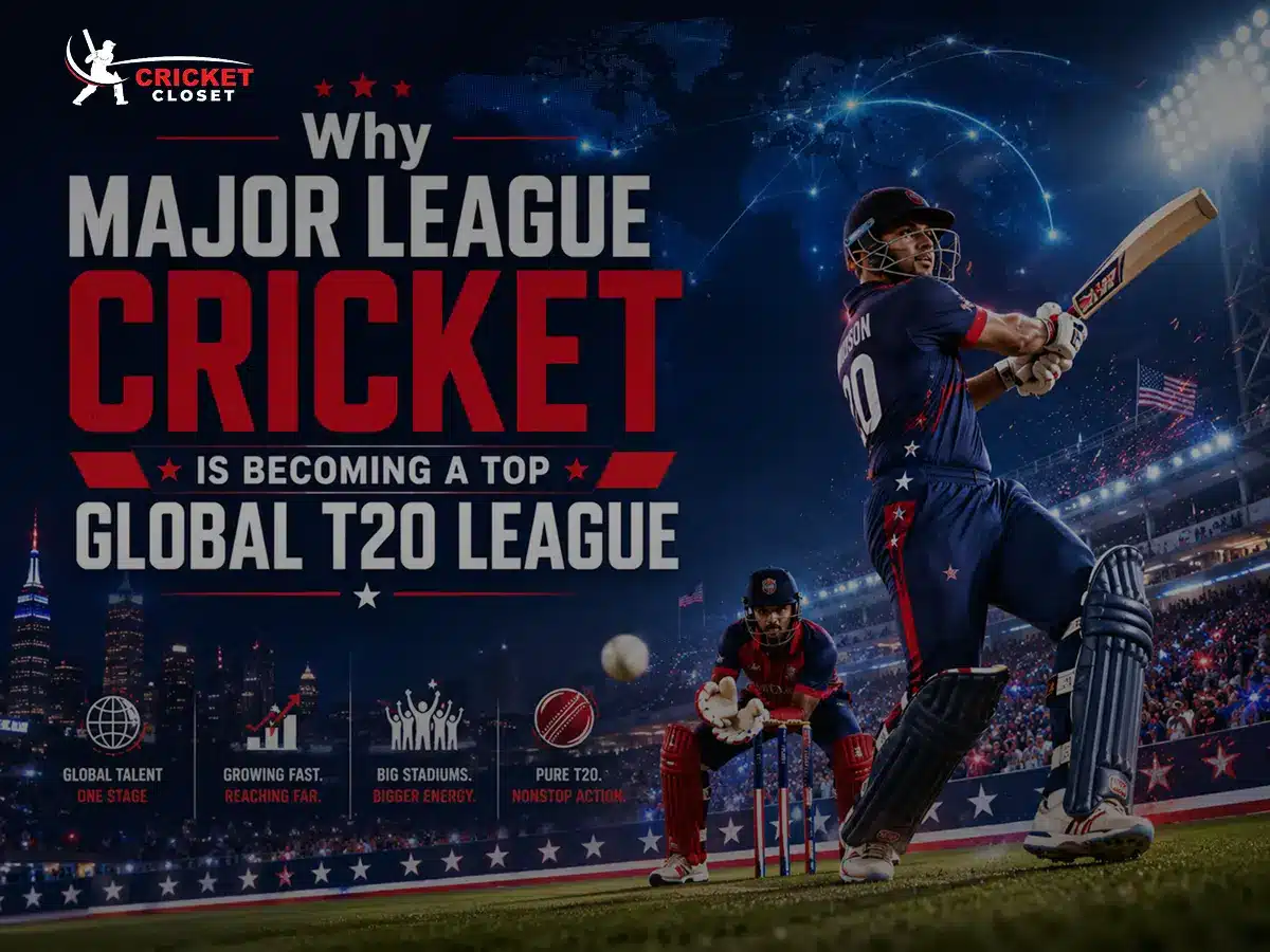 Major League Cricket global T20 league graphic with USA cricketers, stadium lights, and Cricket Closet branding.