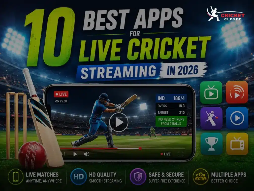 10 best apps for live cricket streaming in 2026 on mobile with cricket match, stadium lights, bat and ball
